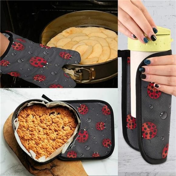 Oven Mitt Pot Holder Set Ladybugs WaterDrop Pattern Heat Resistant Quilted Glove - Picture 5 of 5